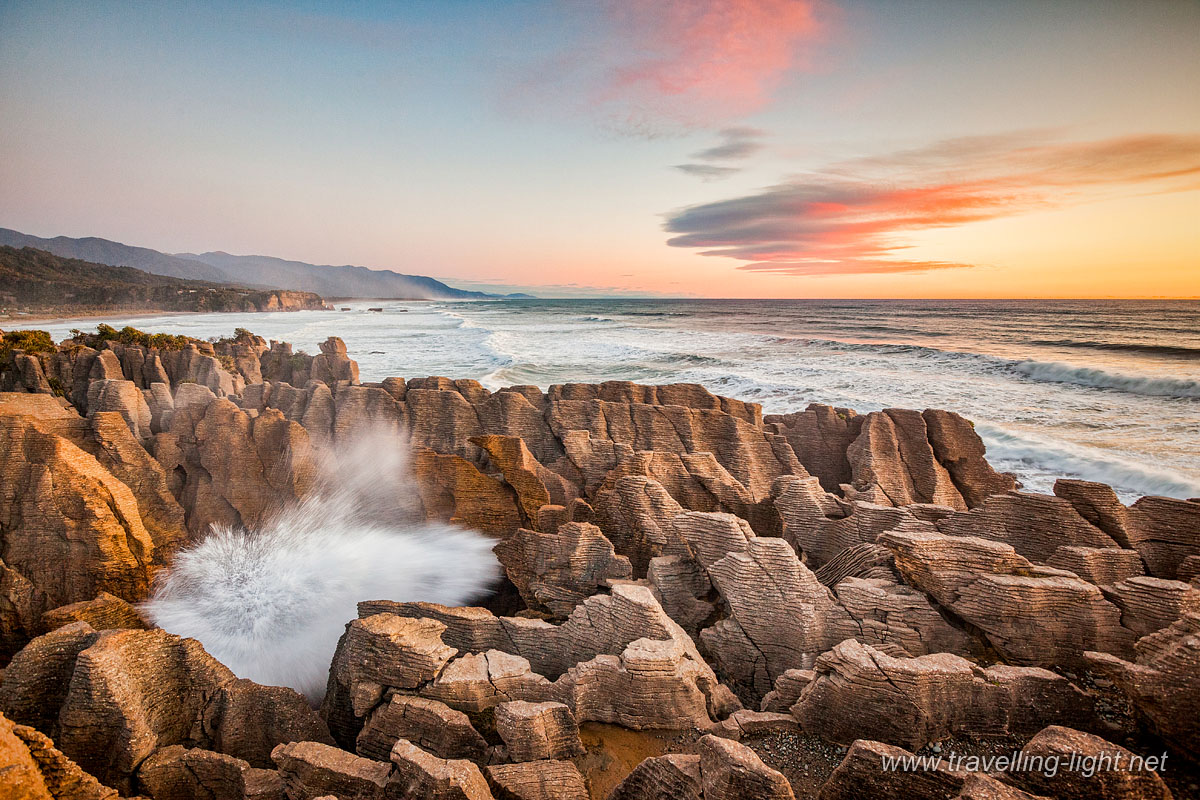 Pancake Rocks at Punakaiki, West Coast
Blowhole at the Pancake Rocks, Punakaiki, West Coast, New Zealand.
Keywords: Geology;New Zealand;Pancake Rocks;Places;Punakaiki;Seascape;South Island;West Coast;West Coast Region;blowhole;copy space;geological feature;landscape;scenery;scenic;sunset;tourist attraction;wild;wilderness